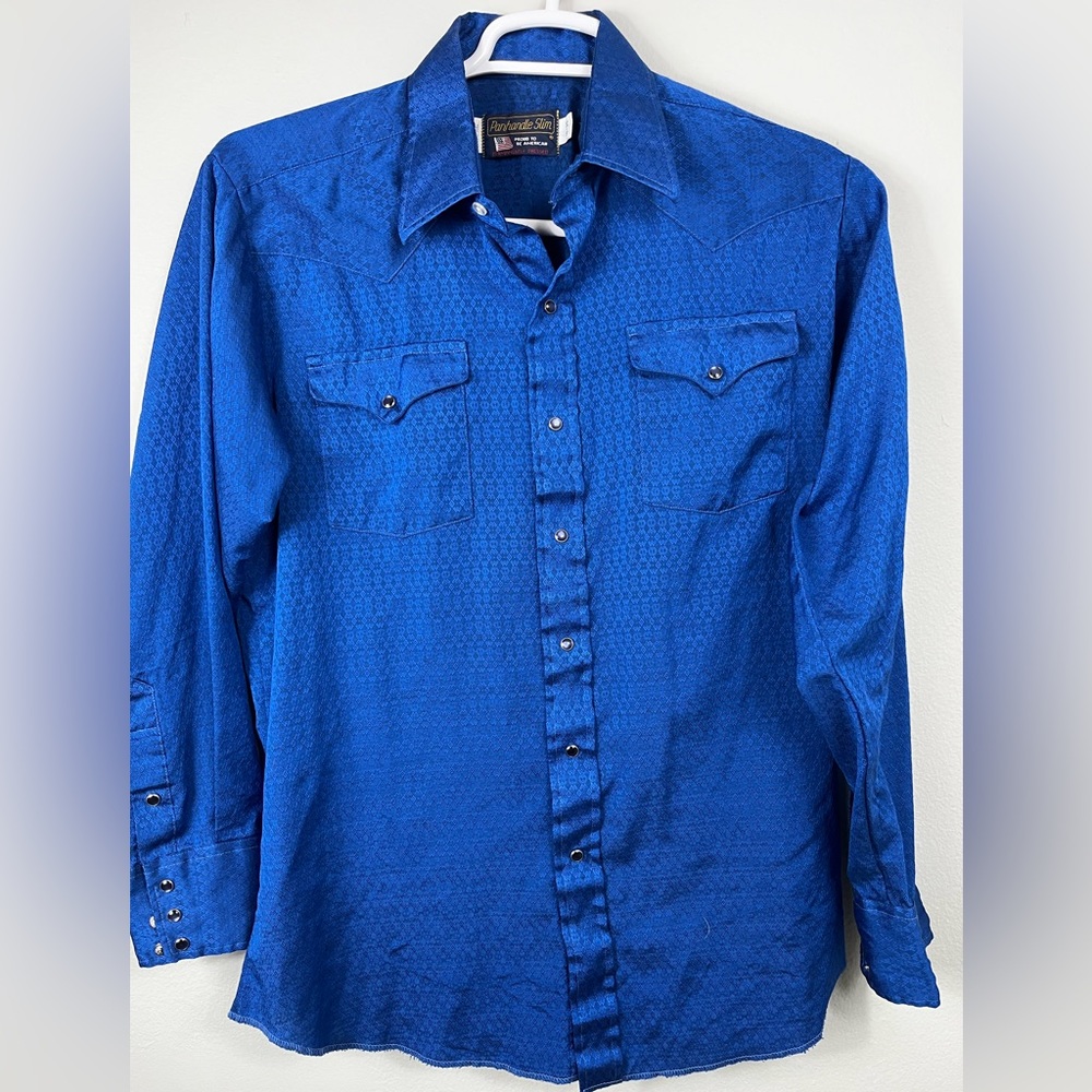 -Panhandle Slim Western Shirt Men 16-35 Blue Pearl Snap & Pockets MADE IN USA